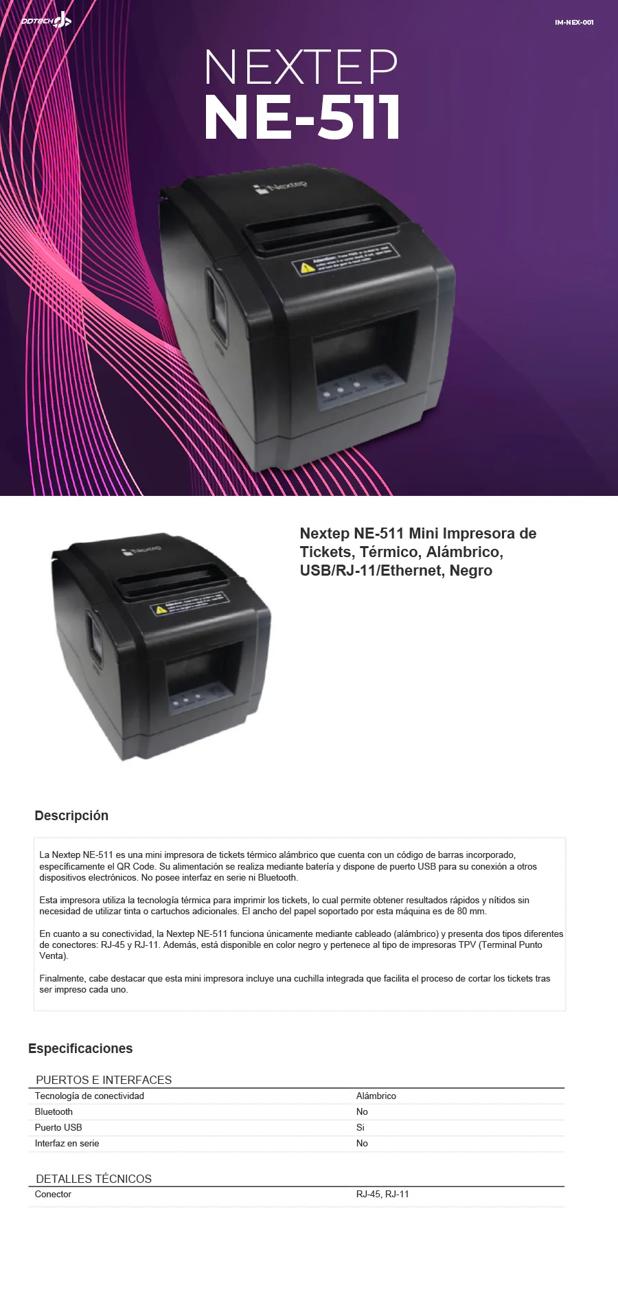 Descripción de Mini Impresora de Tickets / Nextep NE-511 / Térmico / Alámbrico / USB/RJ-11/Ethernet / Negro / NE-511