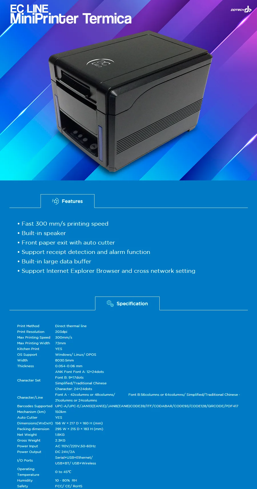 Descripción de Mini Printer Térmica EC LINE / EC-PM-80340 / 72MM / Corte Manual / USB / EC-PM-80340