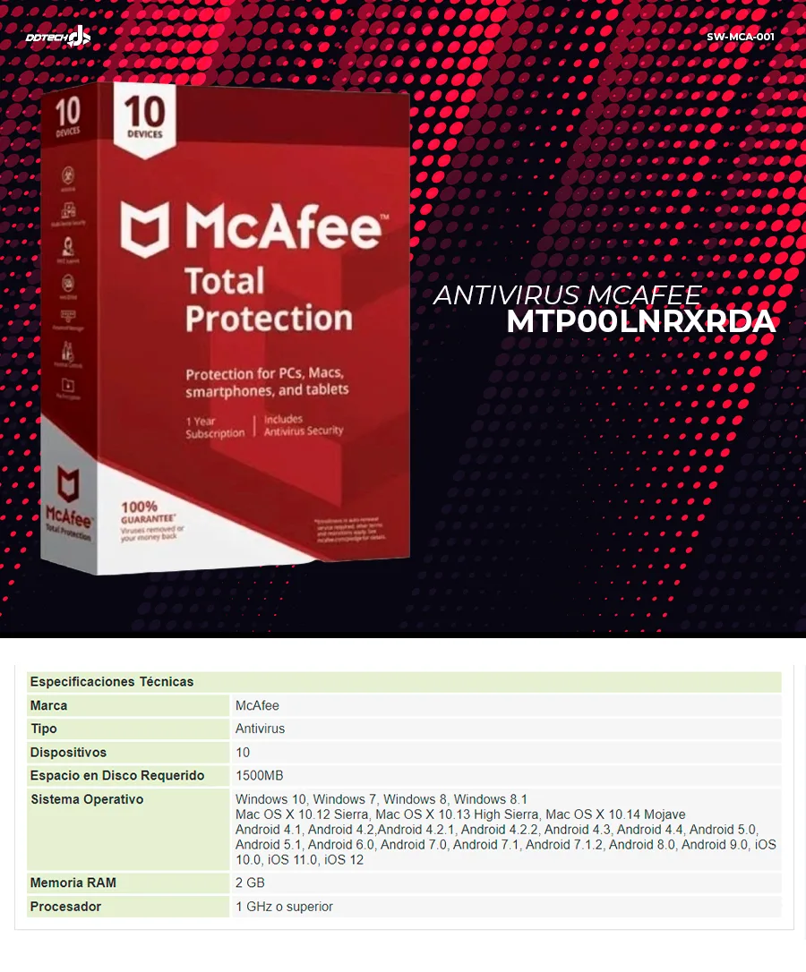 Descripción de Antivirus McAfee Total Protection / 10 Dispositivos / 1 Año / Windows/Mac/Android/iOS / MTP00LNRXRDA // YYGH3