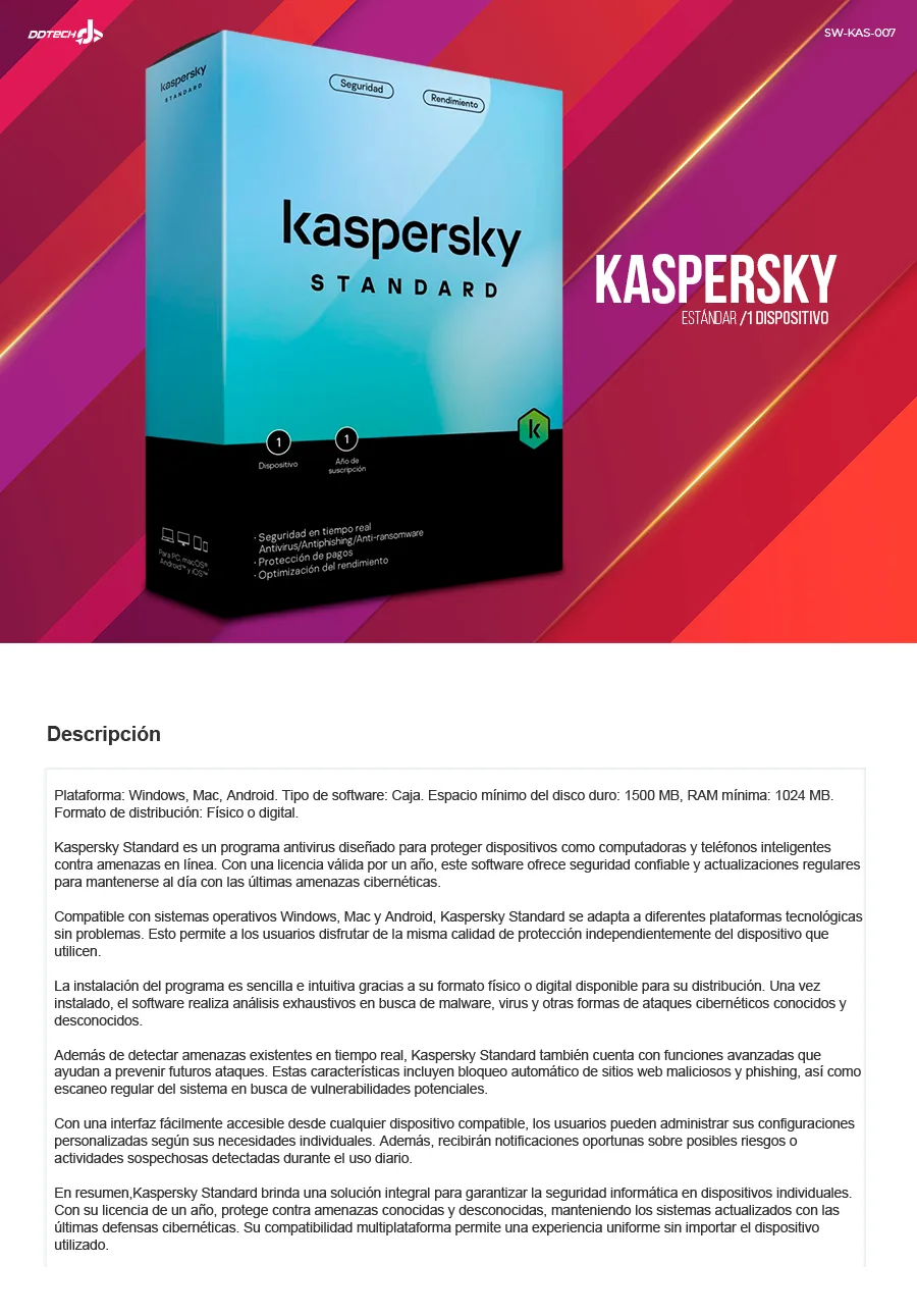 Descripción de Kaspersky Standard / 1 Dispositivos / 1 Año / Windows/Mac / TMKS-401