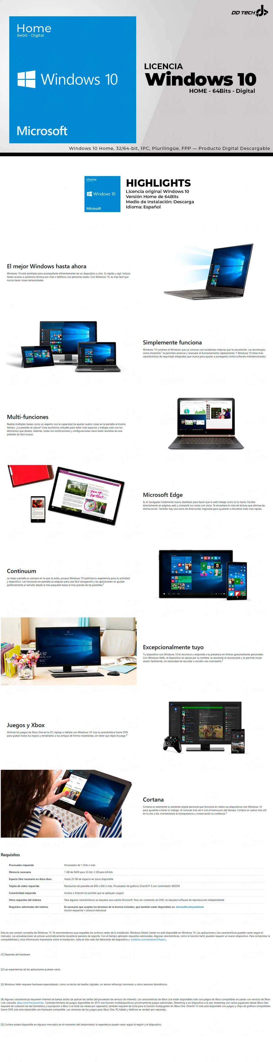 Descripción de Windows 10 Home 64Bits en Digital - FPP - Plurilingüe  - Sistema Operativo Microsoft - Producto Digital Descargable