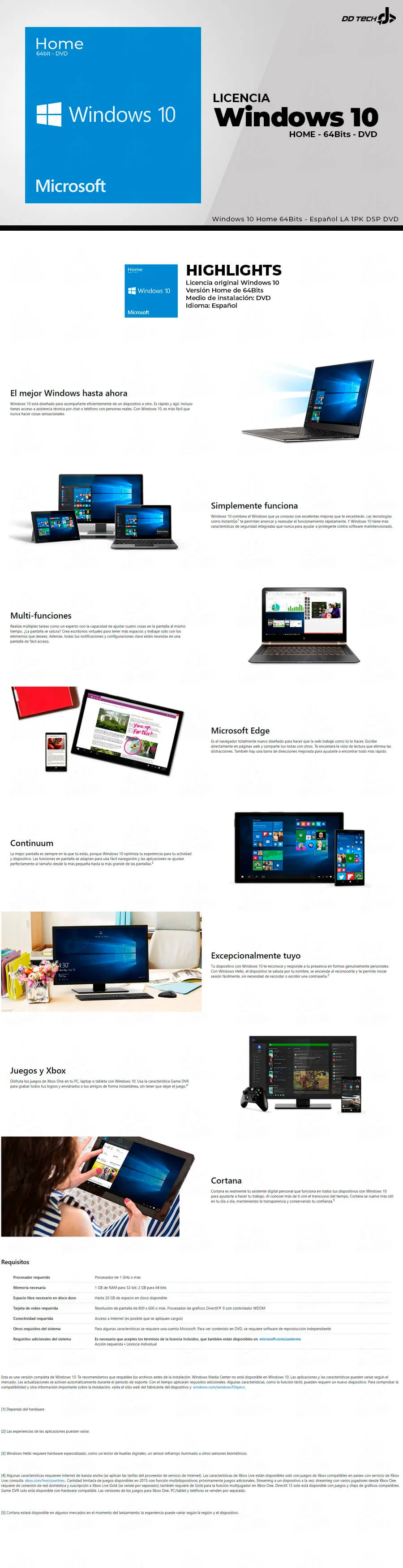 Descripción de Windows 10 Home 64Bits en DVD - OEM - Español LA 1PK DSP DVD - Sistema Operativo Microsoft / KW9-00142 