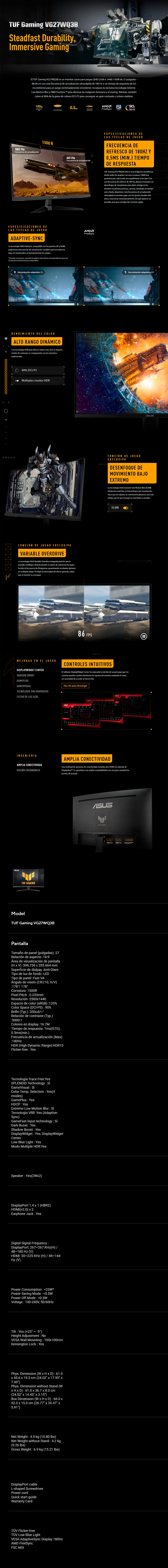 Descripción de Monitor Gamer Curvo ASUS TUF Gaming VG27WQ3B / LED / 27 / 2560x1440 / FreeSync / 180Hz / HDMI/DisplayPort / Negro / VG27WQ3B / VA