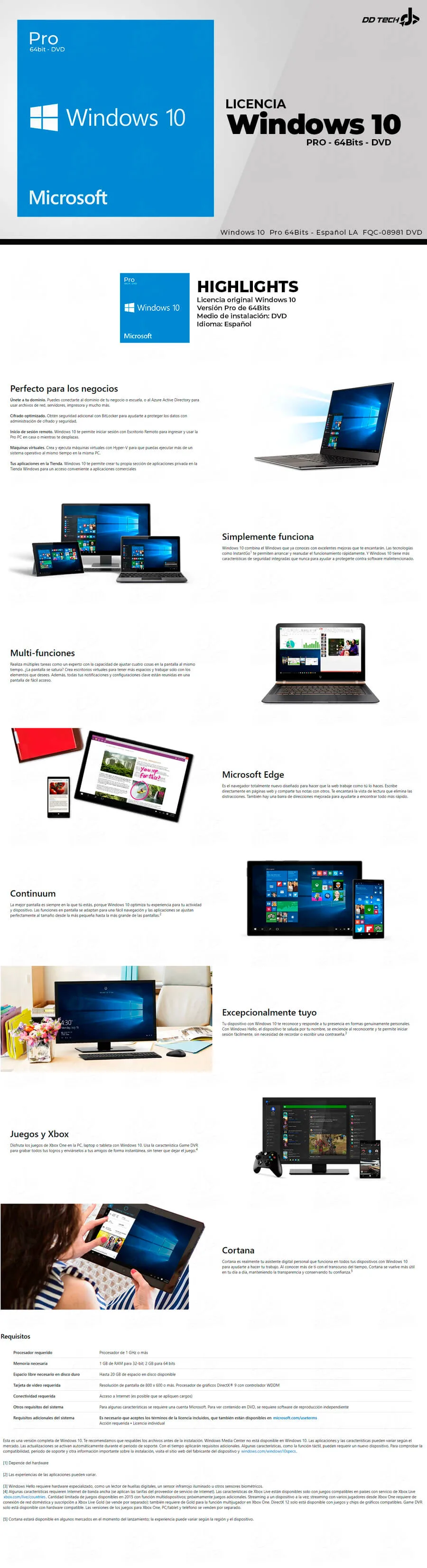 Descripción de Windows 10 Pro 64Bits en DVD - OEM -  Español LA / DVD / FQC-08981 - Sistema Operativo Microsoft 