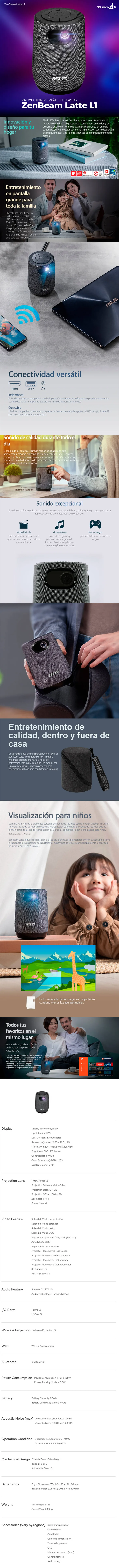 Descripción de Proyector Portátil LED ASUS ZenBeam Latte L1 / 300 lúmenes LED / HD (1280 × 720) / HDMI / Duplicación inalámbrica / Altavoz 10 watts