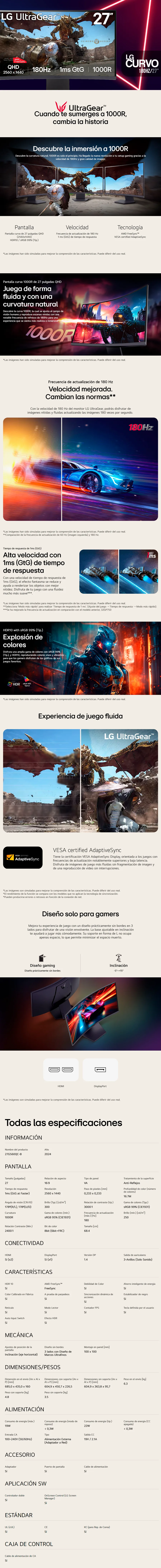 Descripción de Monitor Gamer Curvo LG 27GS60QC-B / LCD 27 / 2560x1440 Quad HD / FreeSync / 180Hz / HDMI/DisplayPort / Negro / 27GS60QC-B