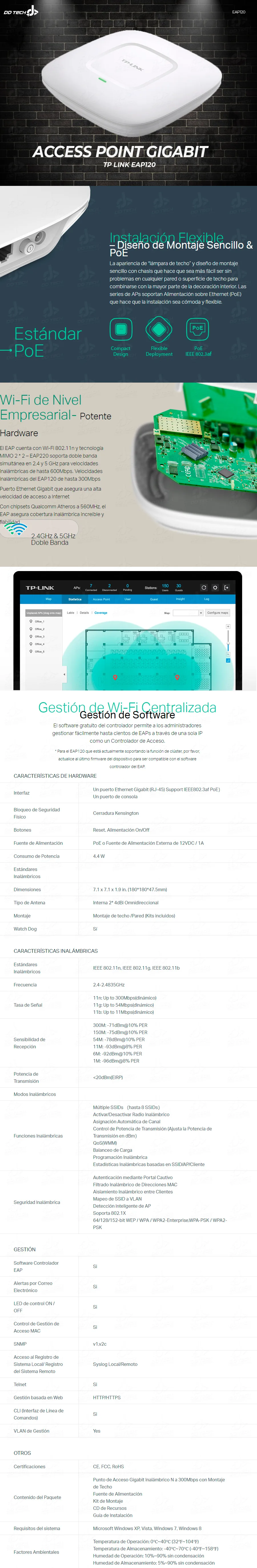 Descripción de Access Point Gigabit TP-Link EAP120 / Hasta 8 SSIDs / 2.4Ghz & 5GHz