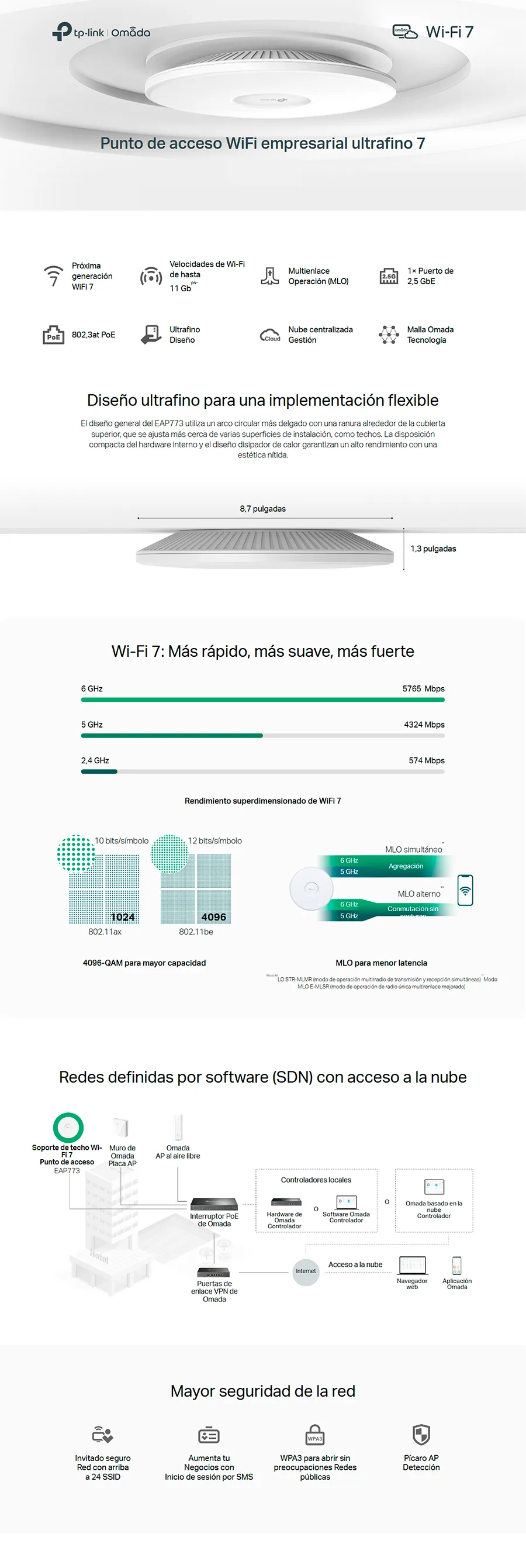 Descripción de Access Point TP-Link Omada EAP773 / BE11000 Wi-Fi 7 / Tribanda 2.4, 5 y 6 GHz / 1 Puerto 10GbE / 802,3at PoE / Omada SDN / Montaje en Techo o Pared / EAP773