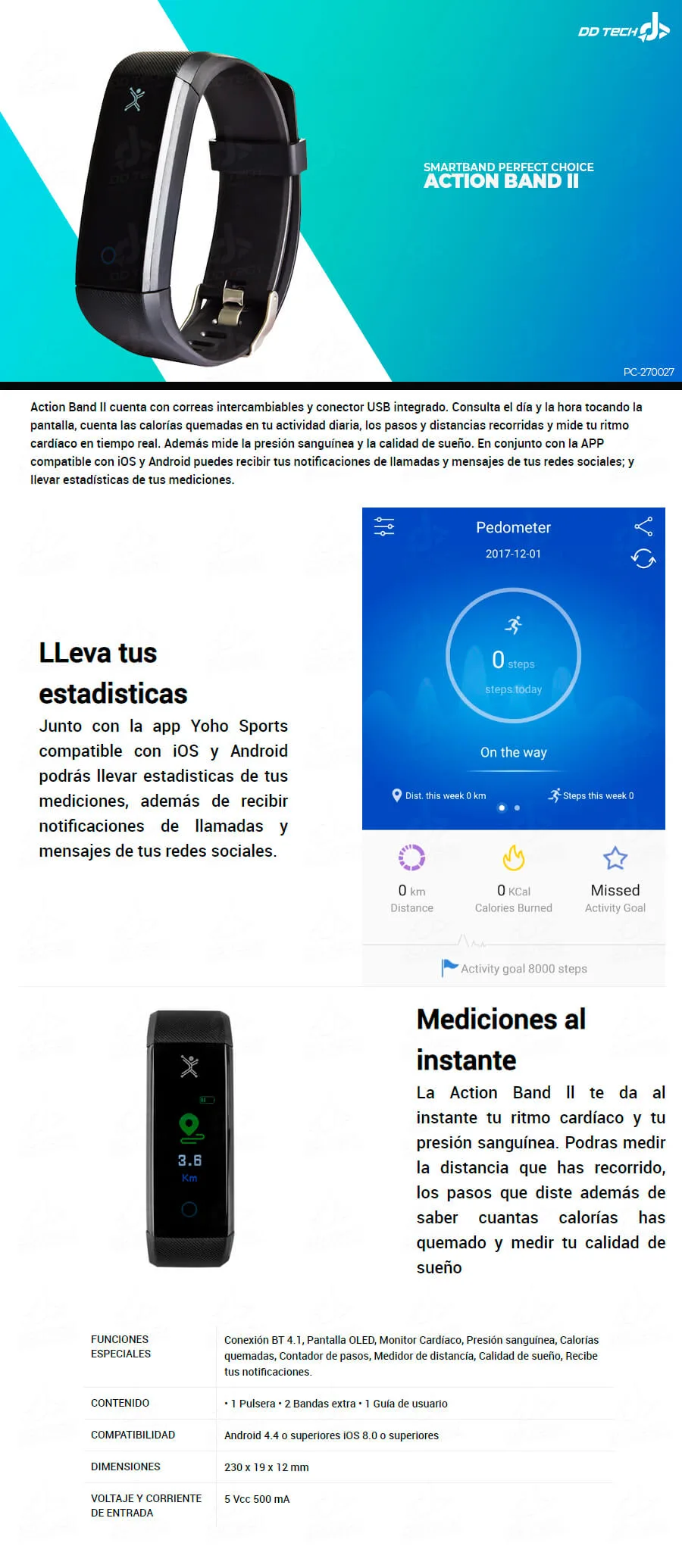 Descripción de SmartBand Perfect Choice Action Band II / Android & Ios / Bluetooth / Recargable / OLED / PC-270027