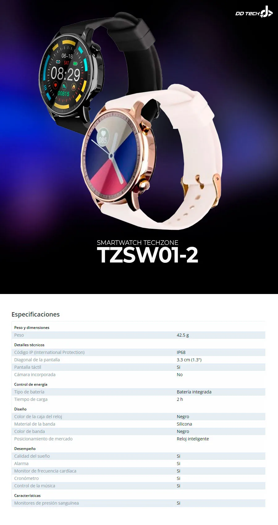 Descripción de SmartWatch Techzone TZSW01 Negro / Android / Recargable / IP68
