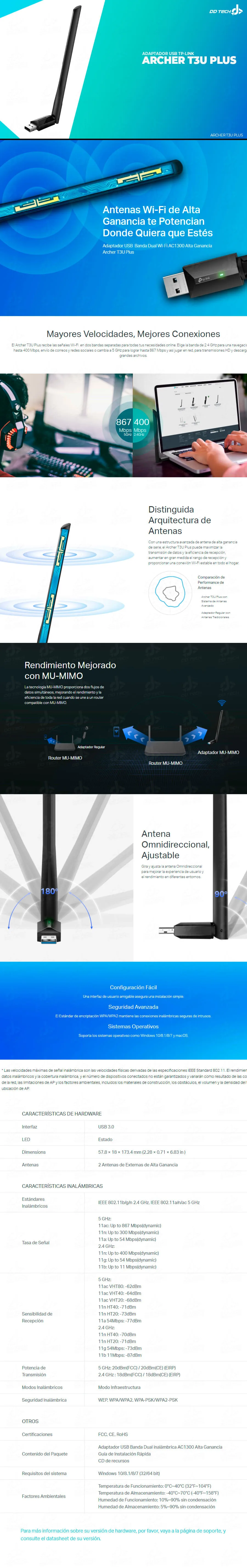 Descripción de Adaptador USB Wifi TP-LINK Archer T3U PLUS / AC1300 / 1 Antena