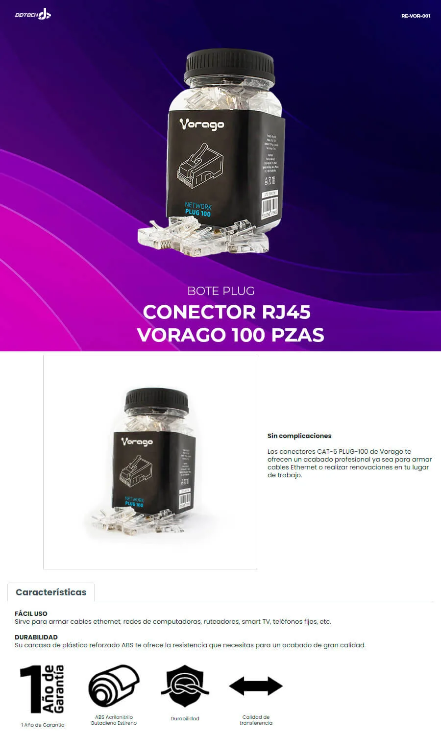 Descripción de Conector Vorago RJ-45 / Transparente / 100 Piezas / PLUG-100