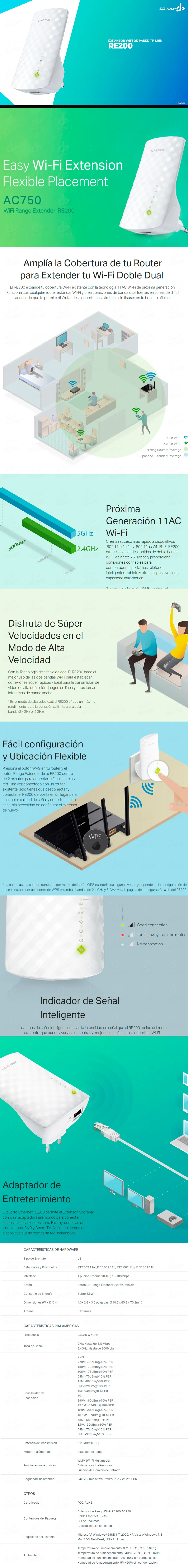 Descripción de Expansor de Cobertura TP-Link RE200 / AC750 / Enchufe a pared / WPS / 2 Antenas 