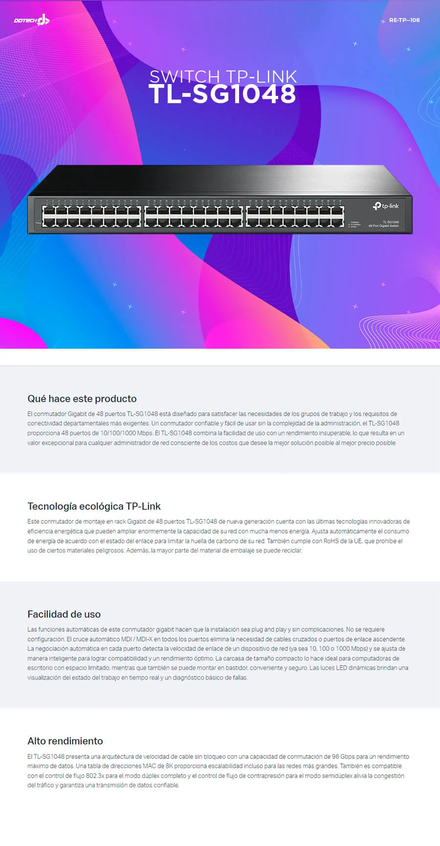 Descripción de Switch TP-Link Gigabit Ethernet TL-SG1048 / 10/100/1000Mbps, 48 Puertos / No Administrable / TL-SG1048