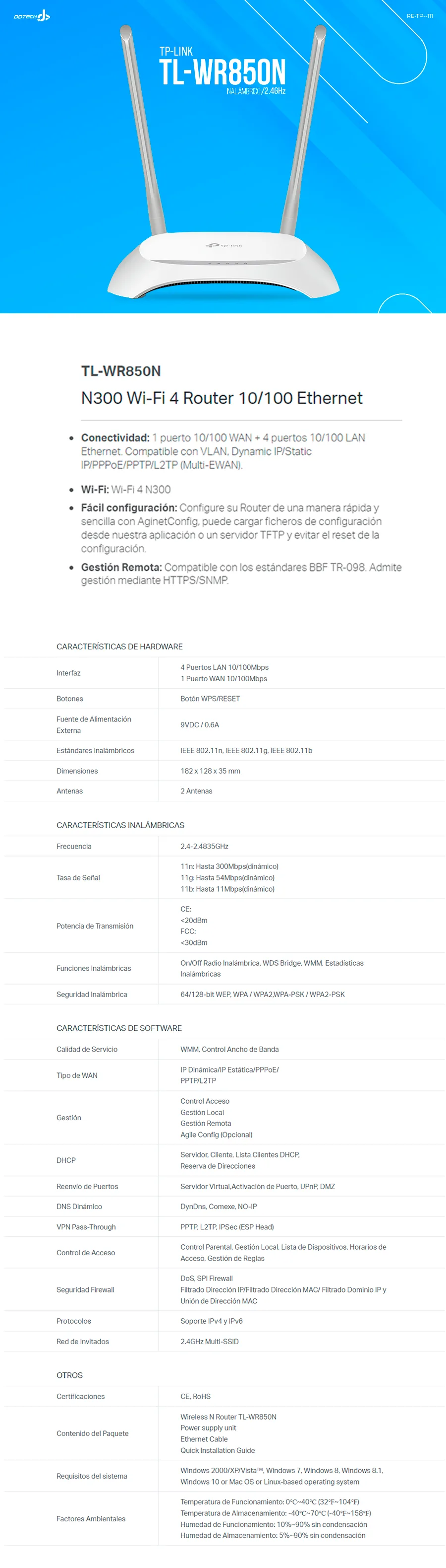 Descripción de Router TP-Link TL-WR850N / WISP Fast Ethernet/ Inalámbrico / 300Mbit/s / 5x RJ-45 / 2.4GHz / 2 Antenas Exteriores de 5dBi / TL-WR850N