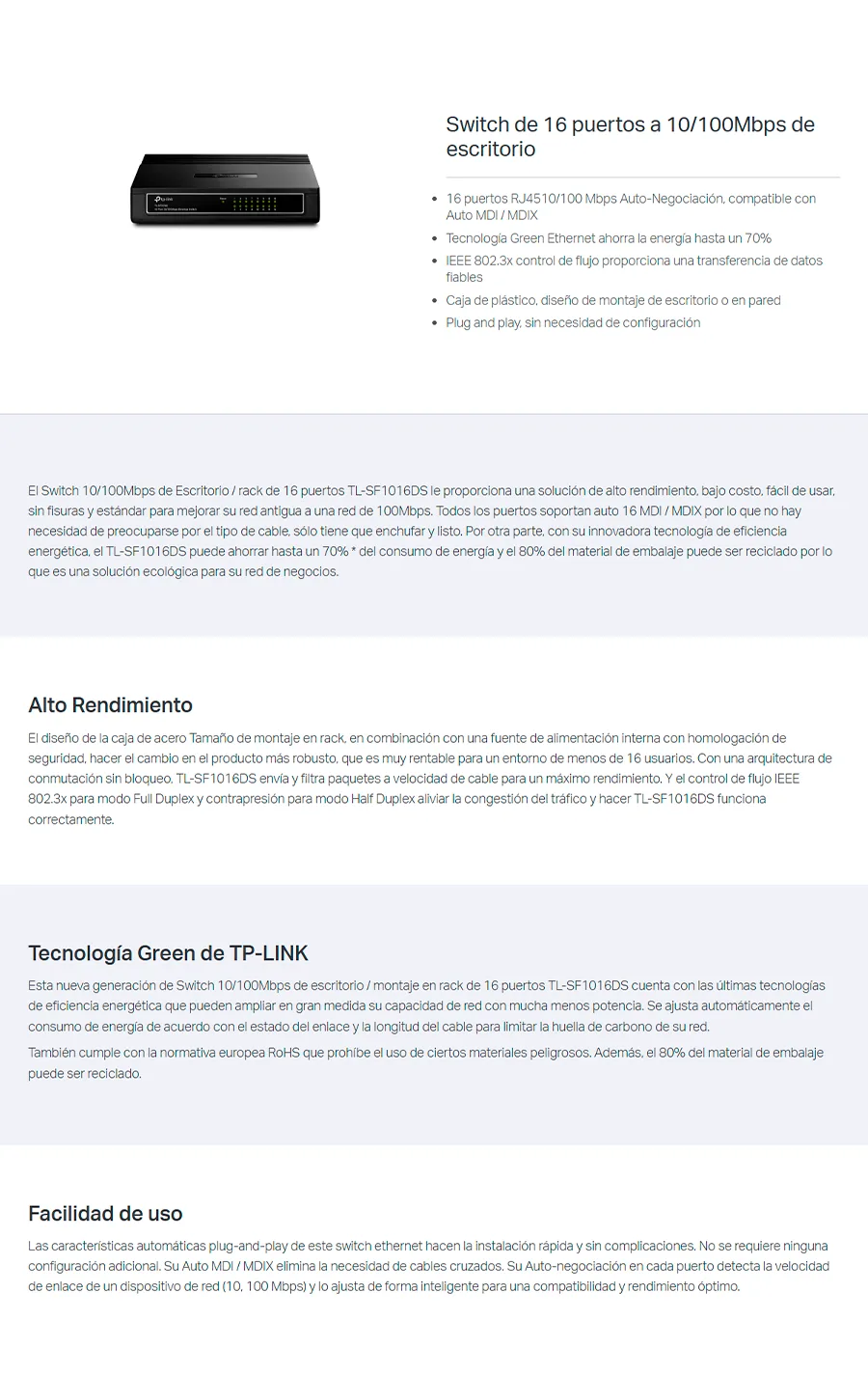 Descripción de Switch TP-Link TL-SF1016D / 16 Puertos 10/100Mbps / 3.2Gbit/s / No Administrable / TL-SF1016D