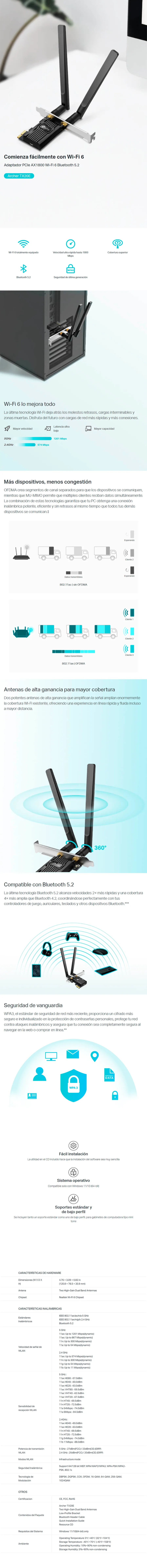 Descripción de Tarjeta de Red Inalámbrica TP-Link Archer TX20E / AX1800 WiFi 6 / Bluetooth 5.2 / PCI Express / Dual Band / 2 Antenas de Alta Ganancia / WPA3