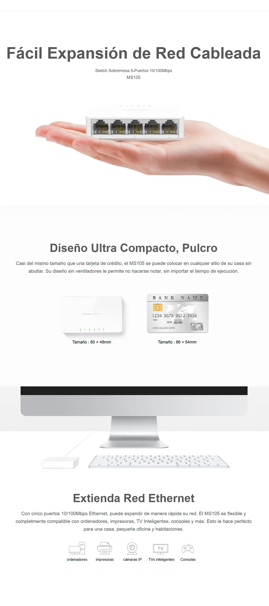 Descripción de Switch de Escritorio Mercusys MS105 / De 5 Puertos / 10/100 Mbps / MS105