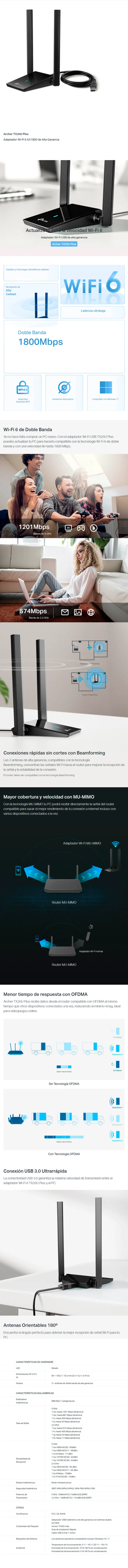 Descripción de Tarjeta de Red Inalámbrica TP-Link Archer TX20U Plus / AX1800 WiFi 6 / USB 3.0 / Dual Band / 2 Antenas de Alta Ganancia / MU-MIMO / WPA3