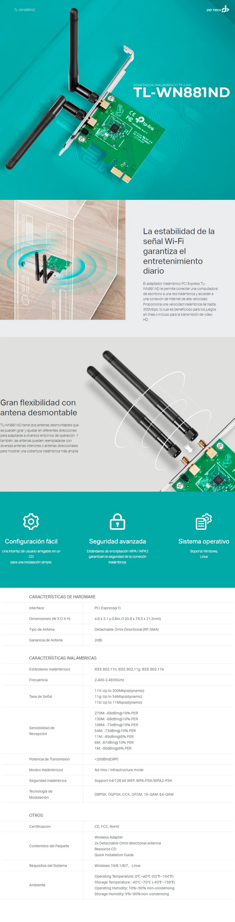 Descripción de Tarjeta de Red Inalambrica TP Link / Wifi / PCI-e X1 / Doble Antena / TL-WN881ND
