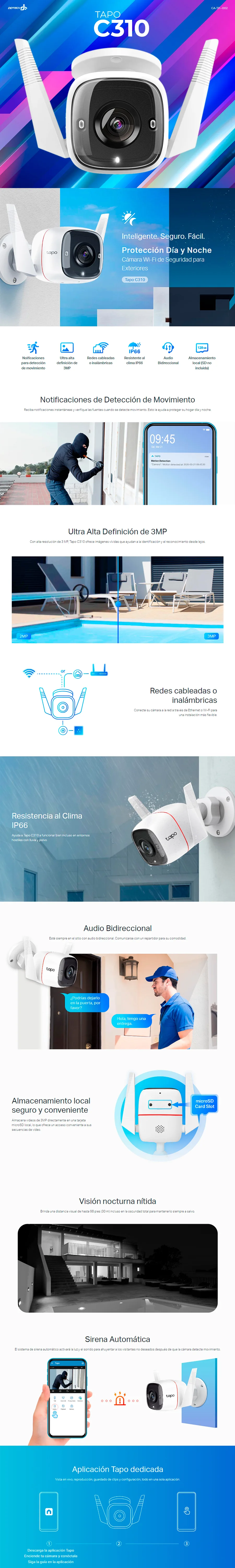 Descripción de Cámara de seguridad TP-Link IP Smart WiFi Cubo IR para Exteriores / Tapo C310 / Inalámbrico, Alámbrico / 2304x1296 Pixeles / C310