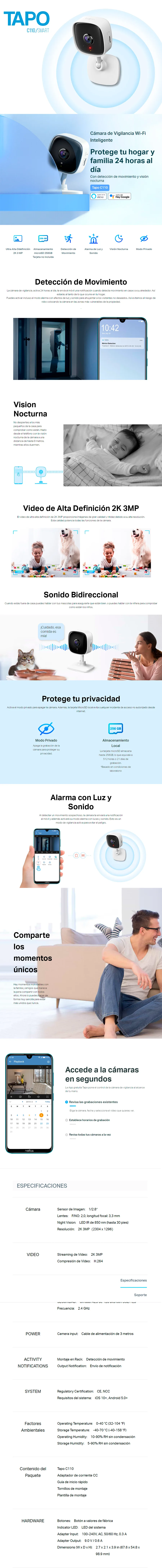 Descripción de Cámara WiFi TP-Link TapoC110 / Smart WiFi / Cubo IR para Interiores / Inalámbrico / 2304x1296 Pixeles / Día/Noche / TAPO C110 