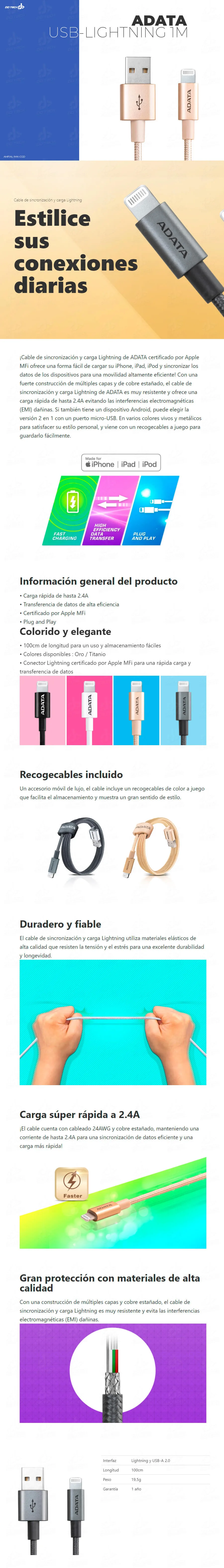 Descripción de Cable Lighting a USB / Adata / Iphone / Ipad / Mac / Gold / AMFIAL-1MK-CGD