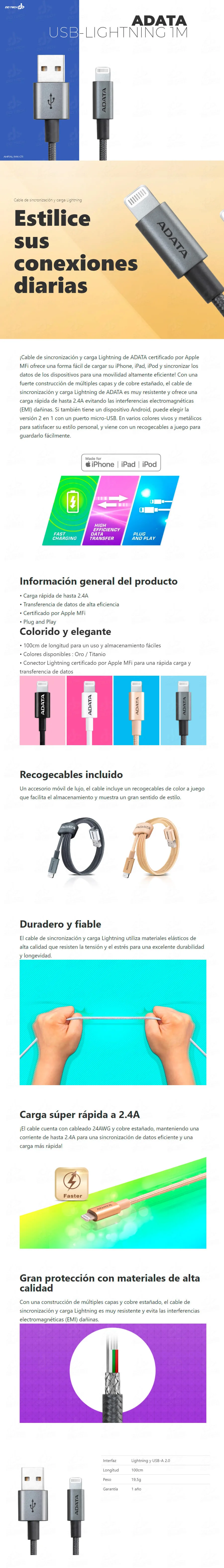 Descripción de Cable Lighting a USB / Adata / Iphone / Ipad / Mac / Aluminio / AMFIAL-1MK-CTI