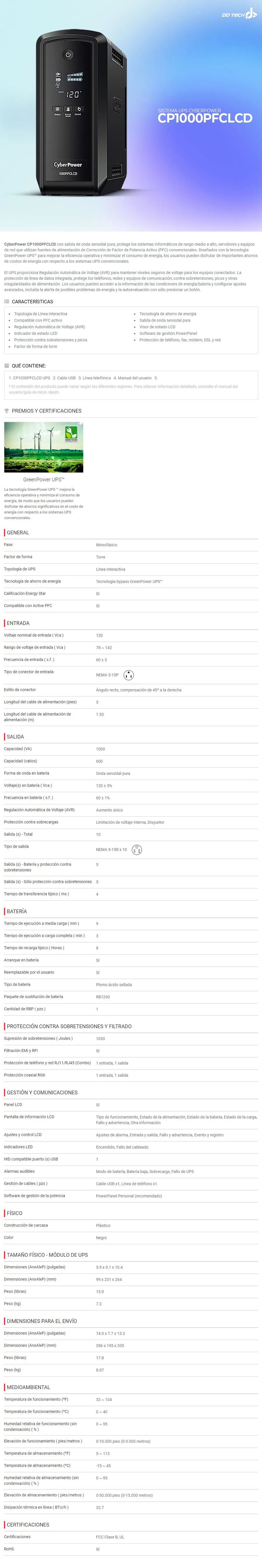 Descripción de No Break y Regulador Cyberpower CP1000PFCLCD / 1000Va - 600W / 10 Contactos / Supresor y Respaldo / GRATIS PLAYERA CYBERPOWER / PROCYB