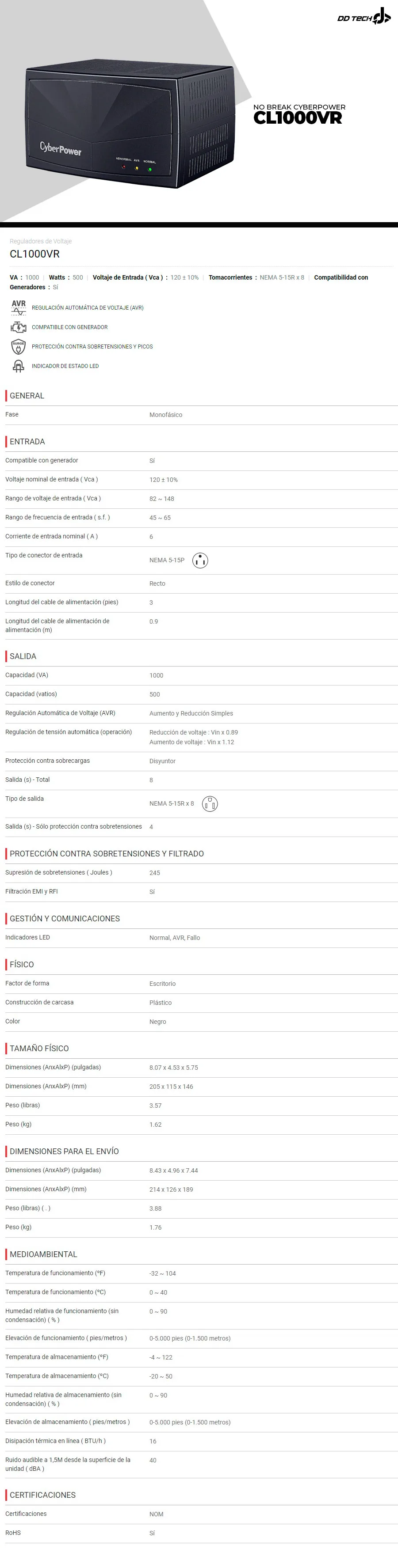 Descripción de Regulador Cyberpower CL1000VR / 1000Va - 500W / 8 Contactos / Supresor