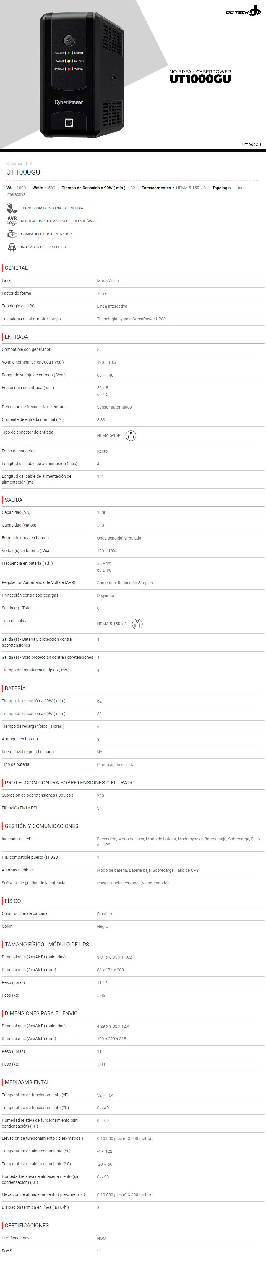 Descripción de No Break y Regulador Cyberpower UT1000GU / 1000Va - 500W / 8 Contactos / Supresor y Respaldo