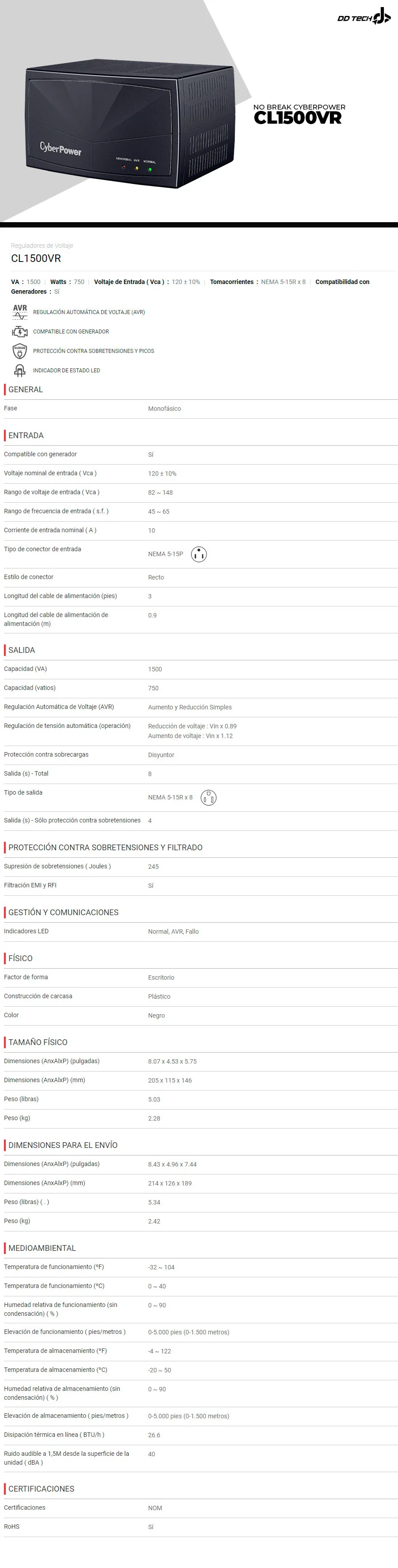 Descripción de Regulador Cyberpower CL1500VR / 1500Va - 750W / 8 Contactos / Supresor