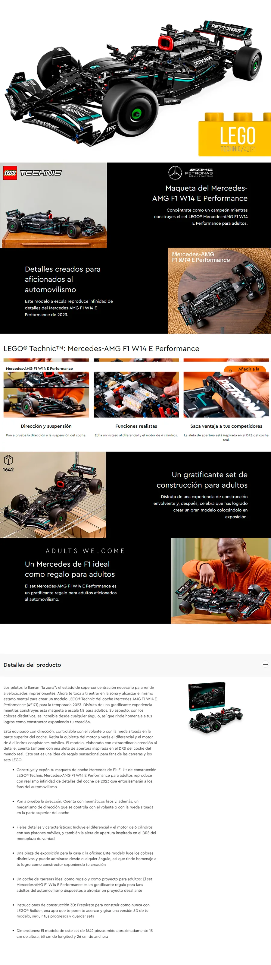 Descripción de LEGO Technic Mercedes-AMG F1 W14 E Performance / 1643 Piezas / Modelo a Escala que Reproduce Infinidad de Detalles del Mercedes-AMG F1 W14 E Performance de 2023 / 42171