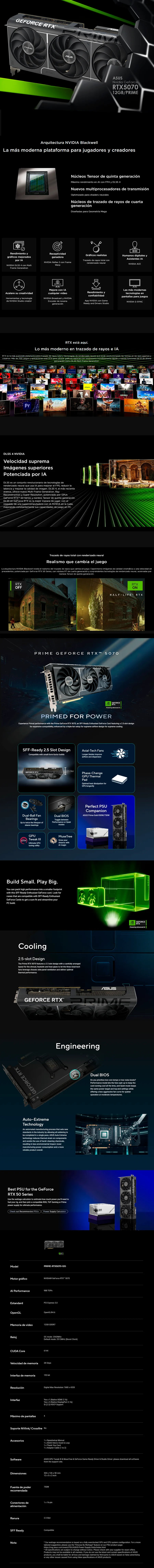 Descripción de Tarjeta de Video ASUS PRIME NVIDIA GeForce RTX 5070 / 12GB 192-bit GDDR7 / PCI Express 5.0 / PRIME-RTX5070-12G / RTXS50 