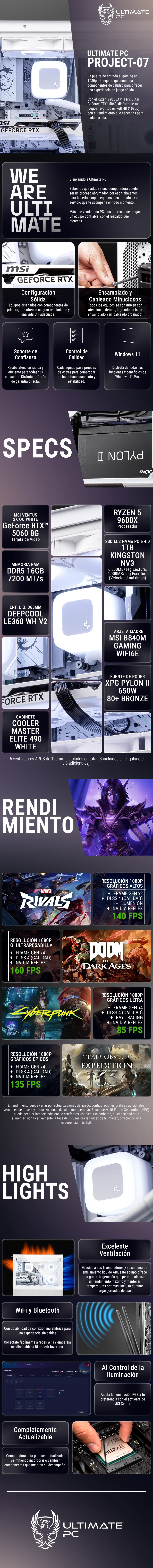 Descripción de Computadora ULTIMATE PC PROJECT-07 / RTX 5060 8GB GDDR7 / AMD Ryzen 5 9600X / 16GB RAM DDR5 / 1TB SSD M.2 PCIe Gen4 / 650W 80+ BRONZE / WiFi y Bluetooth / Licencia Windows 11 de regalo