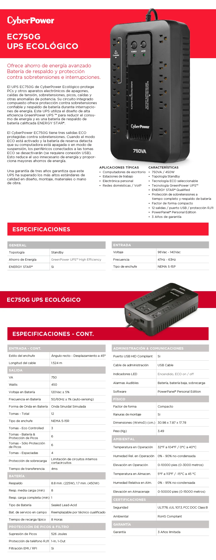 Descripción de No Break CyberPower EC750G / 450W / 750VA / Entrada 96-140V / Salida 750VA / 12 Contactos / EC750G