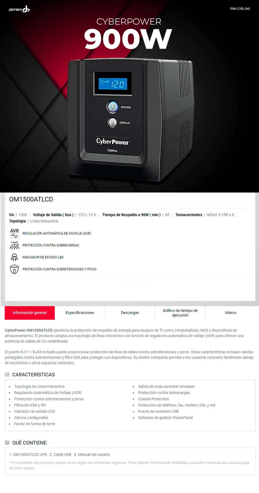 Descripción de No Break CyberPower OM1500ATLCD / 900W / 1500VA / Entrada 82-148V / 8 Contactos / OM1500ATLCDA / PROCYB