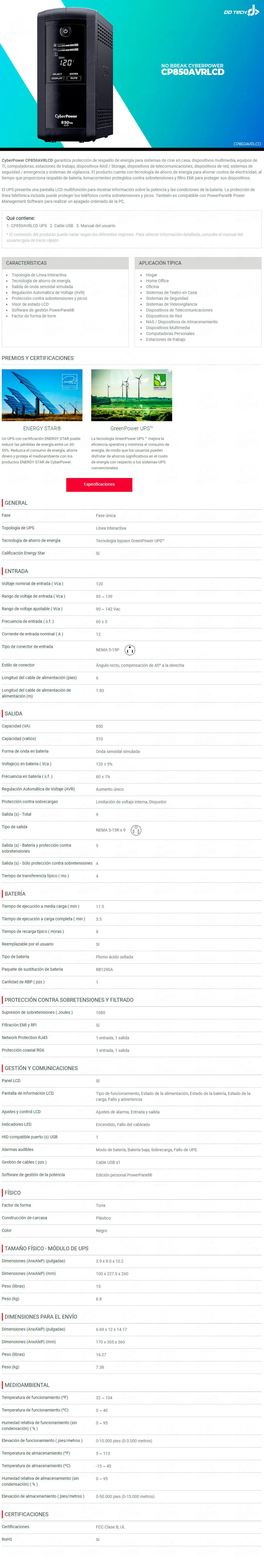 Descripción de No Break y Regulador Cyberpower CP850AVRLCD / 850Va - 510W / 9 Contactos / Supresor y Respaldo / GRATIS PLAYERA CYBERPOWER / PROCYB