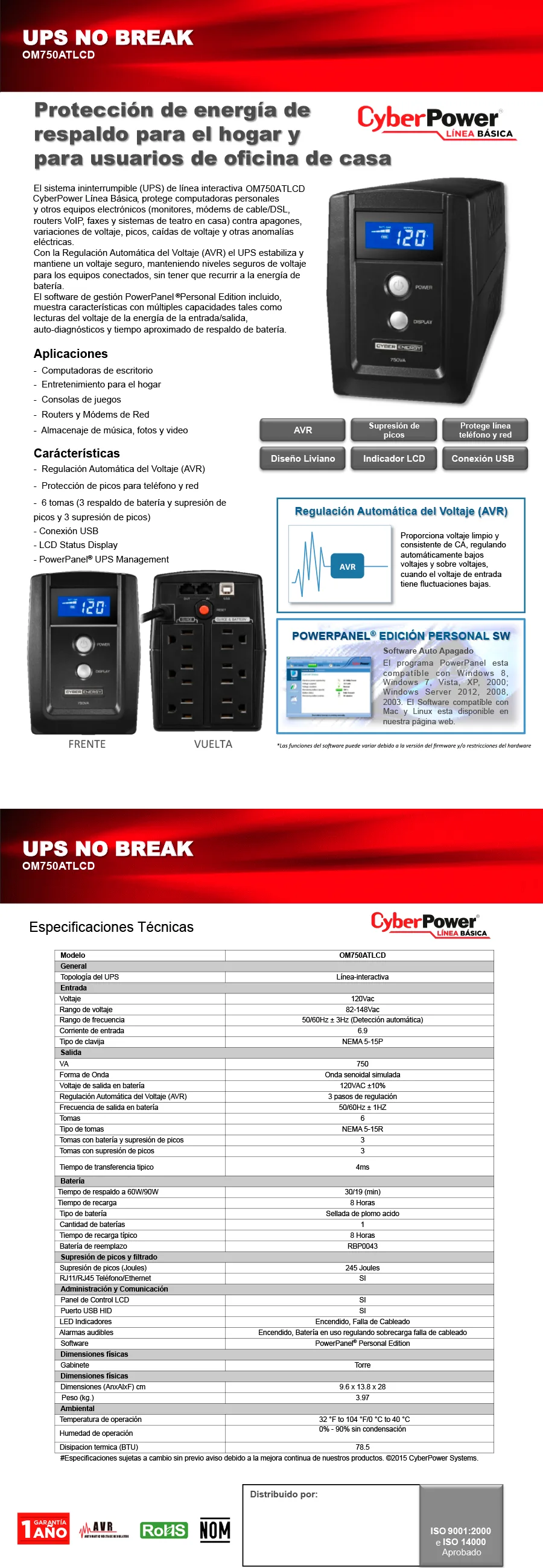 Descripción de No Break y Regulador Cyberpower OM750ATLCD / 750Va - 300W / 6 Contactos / Supresor y Respaldo / OM750ATLCD
